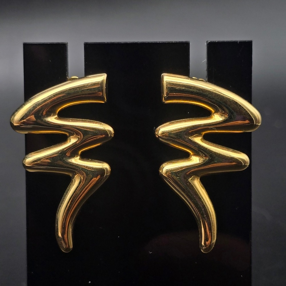 Avon 1987 Free Form Earrings Lightning Bolt Gold Tone Zig Zag Vintage 1980s